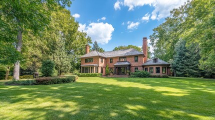 Elegant brick house surrounded by lush green lawn and trees under a blue sky with scattered clouds on a sunny day