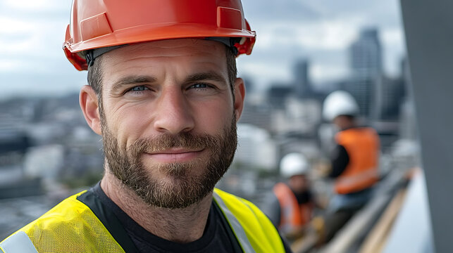 Construction engineer in hard hat and reflective vest urban skyline professional portrait outdoor workplace close-up view industrial safety concept