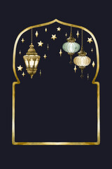 Islamic golden frame with hanging lanterns and stars on dark blue background. Watercolor isolated illustration Ramadan