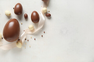 Chocolate Easter eggs and decorative confectionery sprinkles on white background