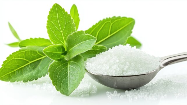 fresh stevia leaves, bright green and detailed, resting on top of a pile of white stevia powder in a shiny metallic spoon against a pure white background