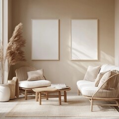 Minimalist living room with rattan furniture, pampas grass, and blank canvases.
