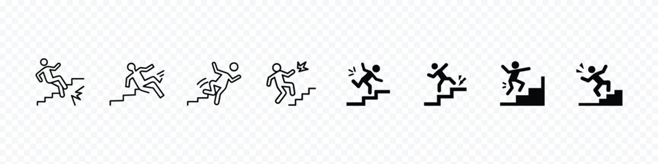 falling down stairs outline icon, person falling downstairs icon, Person Falling Down Stairs Hazard Icon in Flat Style