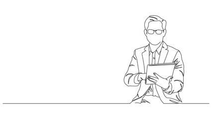 Minimalist single line drawing of a business professional reviewing files