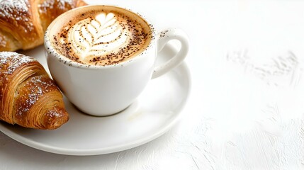Cup of cappuccino coffee and croissant on white