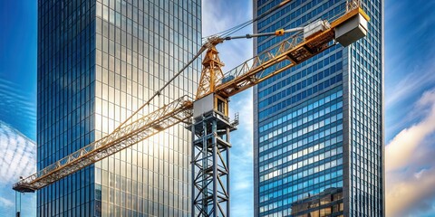 A majestic yellow crane extends between two modern glass skyscrapers, bathed in the warm glow of the setting sun, a symbol of urban development and architectural ambition.