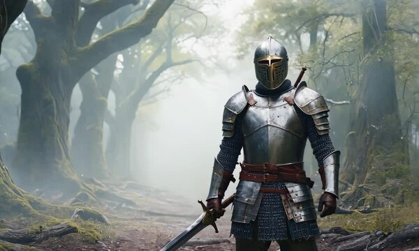 A knight in full steel armor stands motionless in a misty, ancient forest, gripping a large sword, as the camera slowly zooms in, drawing closer to his imposing figure