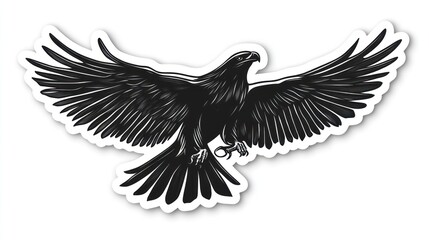 Fototapeta premium Black eagle soaring, wings spread wide, white background, graphic design