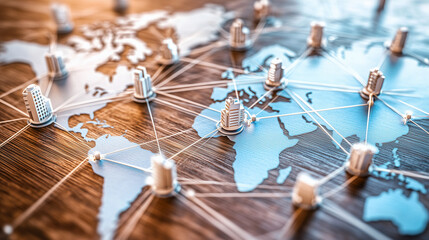 Global Network of Miniature Buildings on Digital World Map