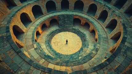 Lone figure in ancient circular stone structure