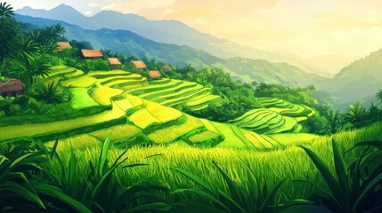 Fototapeta premium Lush green rice terraces cascading down the hillsides illuminated by the morning sun creating a picturesque agricultural landscape scene
