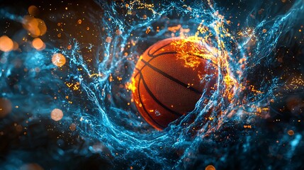 Dynamic Basketball in Motion with Fiery Waves and Water Splash