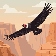 Condor Soaring Over Desert Canyon Landscape with Clouds and Warm Sky