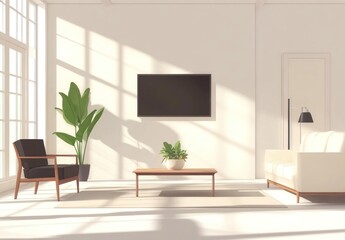 Minimalist living room with sunlight, sofa, armchair, and TV.