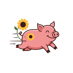 Happy Running Pig with Sunflowers