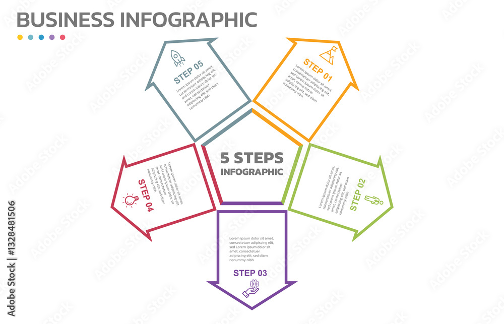 Poster Visual data presentation. Cycle diagram with 5 options. Pie Chart Circle thin line infographic template with 5 steps, options, parts, segments. Business concept. Editable pie chart with sectors.