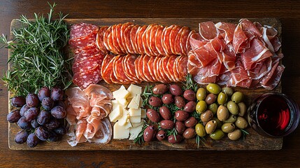 Assorted Charcuterie Board with Cheeses, Olives, and Herbs