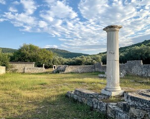 Ancient ruins, column, grassy courtyard, hills