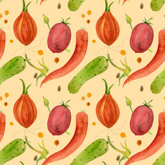 Seamless watercolor vegetable pattern with carrots, cucumbers, tomatoes, and onions on a warm background. Inspired by harvest and gardening, perfect for farm markets, packaging, and eco-friendly 