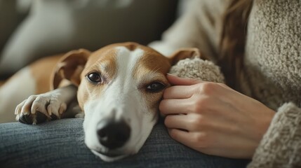 Obraz premium Close-up of a woman petting her dog on the sofa at home