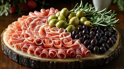 Artisan Meat and Olive Platter on Rustic Wood Serving Board