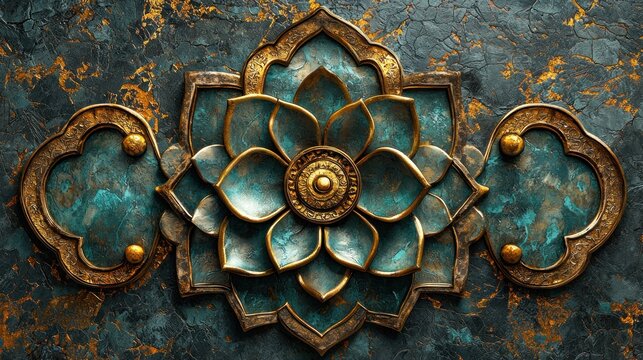 Ornate teal & gold floral metalwork on dark marble