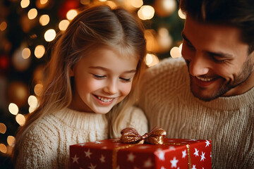 A joyful moment of a family opening Christmas gifts, featuring a girl and a man in warm sweaters beside a beautifully decorated tree, perfect for holiday greeting cards.