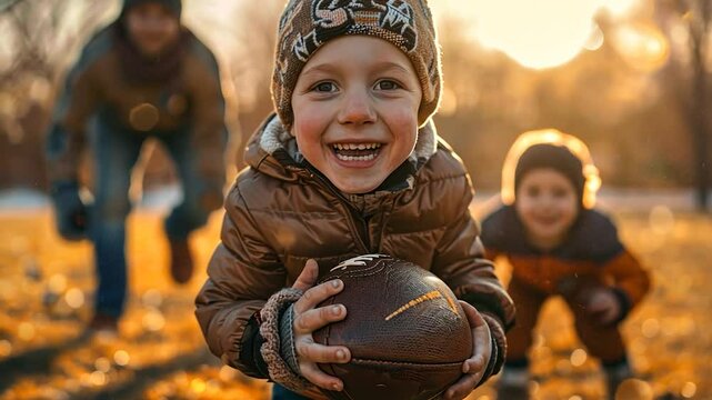 Joyful Boy Playing Football with Siblings in Autumn Park