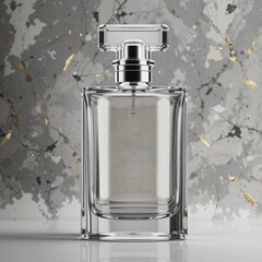 Elegant Glass Perfume Bottle with Silver Accents on Marble Background