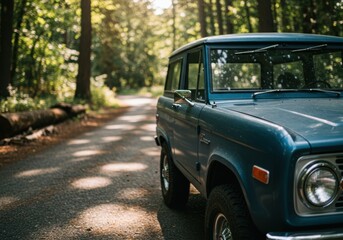 Classic blue vintage suv parked on forest road during sunny day