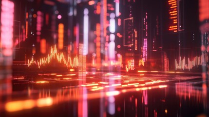 Fototapeta premium Abstract Digital Cityscape: Glowing Neon Stock Market Data Visualization