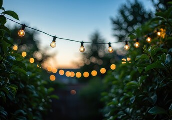 String lights illuminate lush garden at dusk for a cozy ambiance