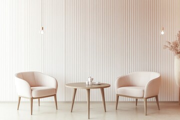 Minimalist living room with two armchairs and a round wooden coffee table against a light pink wall.