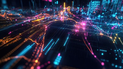Obraz premium Abstract Digital Cityscape: Neon Lights and Data Streams