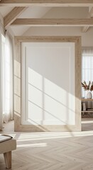 Minimalist scandinavian interior with sunlit wooden accents and neutral tones in modern home