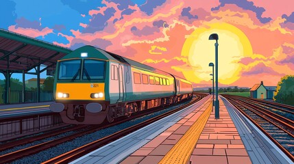 Fototapeta premium Pixel Art Train at Sunset Station