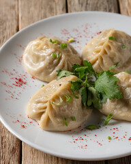 Traditional mantles, dish of the peoples of Central Asia. Manti on a wooden table