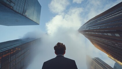 Businessman silhouette among skyscrapers in urban environment inspirational perspective of city life modern concept