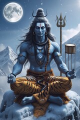 Majestic Lord Shiva meditating on a snowy mountain under the full moon
