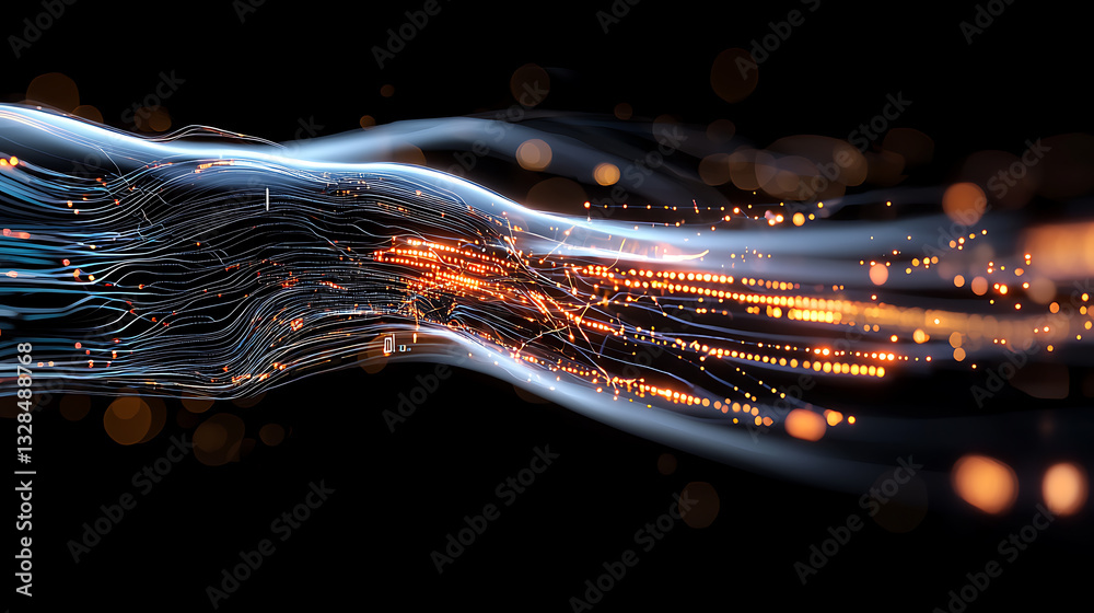 Poster Dynamic flow of data particles digital space abstract visualization high-tech environment close-up viewpoint innovation concept