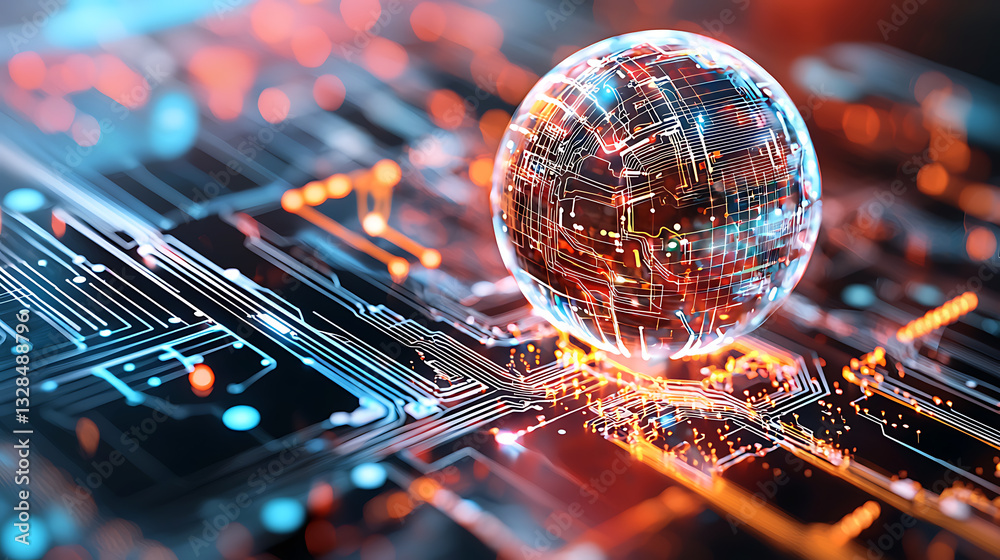 Poster dynamic digital sphere futuristic circuit environment abstract visualization technology macro perspe