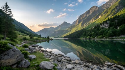 Obraz premium Stunning Scenery among Rocky Hills and Green Grasses