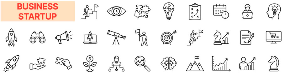 Business Startup Line Icons Set – Entrepreneurship, Innovation, Strategy, Growth, Investment, Success, Leadership, Vision, Marketing, Planning, Development