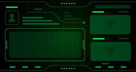 a futuristic digital interface with a green hue. The interface features various elements such as a profile icon, data fields and a screen