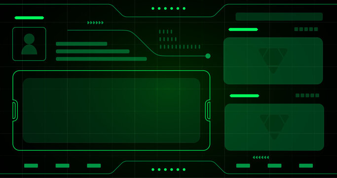 a futuristic digital interface with a green hue. The interface features various elements such as a profile icon, data fields and a screen