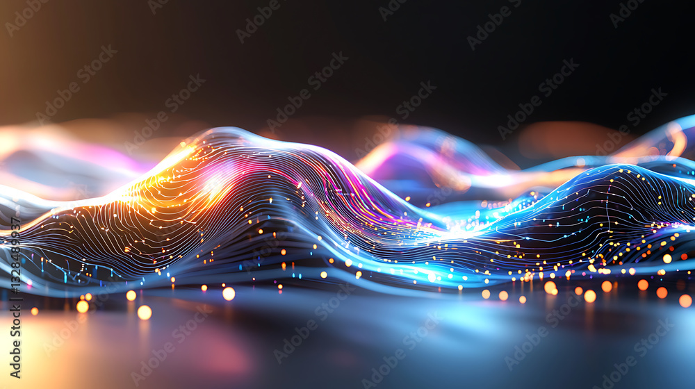 Poster dynamic light wave patterns digital art abstract visualization dark background close-up view technol