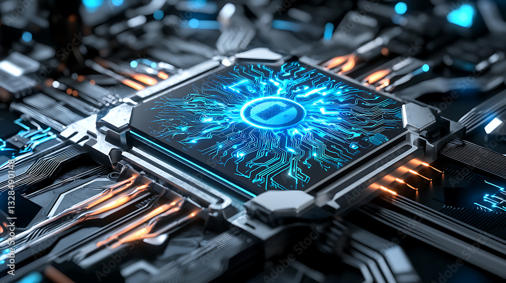 Poster futuristic action circuit board technology digital realm close-up image high-tech environment macro 