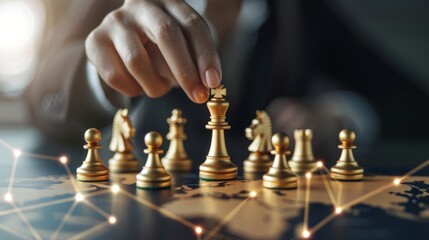 Chess grandmaster strategy illustrated with pieces placed strategically on a futuristic world map. No unnecessary blur, maintaining visual precision.