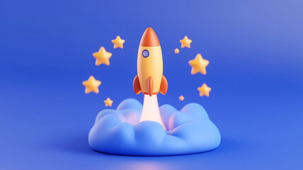 colorful rocket launching from cloud with stars in background