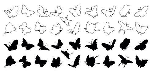 Fototapeta premium Set of butterfly silhouette and line art icons vector illustrations on a white background.